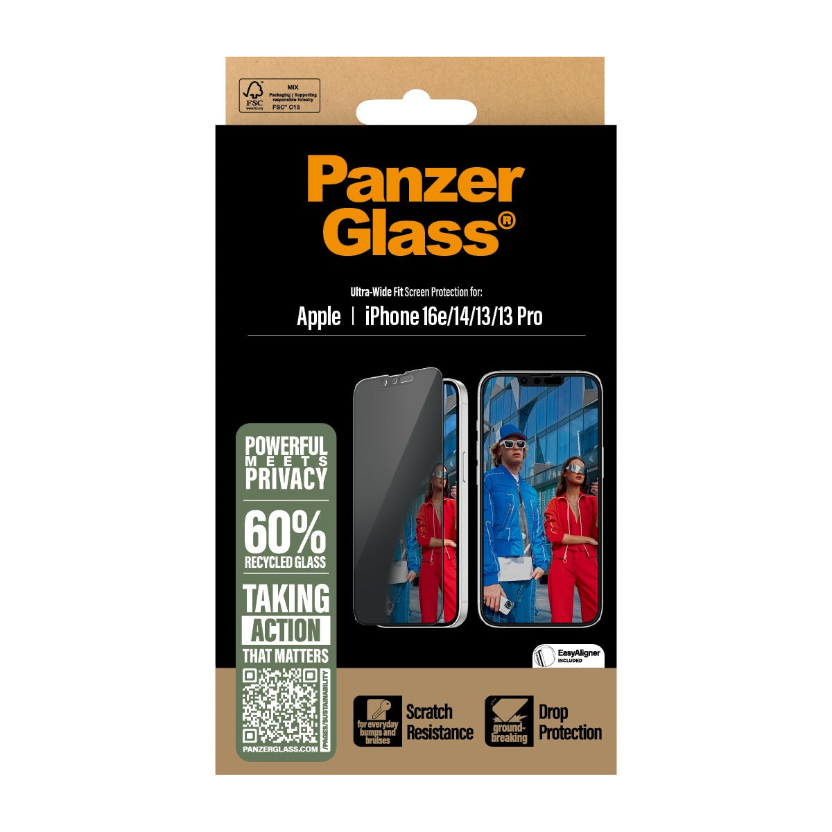 PanzerGlass® Privacy Skærmbeskyttelse iPhone 16e | 14 | 13 | 13 Pro | Ultra-Wide Fit m. Aligner